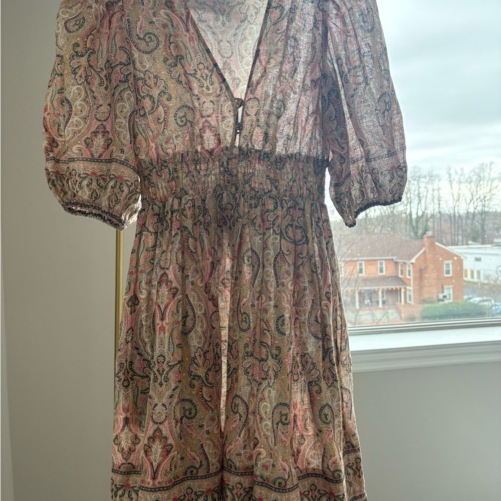 Zimmermann Pink Paisley Midi Dress with Puff Sleeves